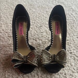 Betsey Johnson Black and Gold Heels with Rhinestone Bow